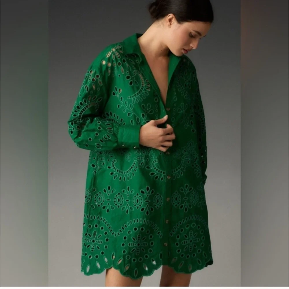 Anthropologie Green Eyelet Dress with slip dress - Picture 2 of 8